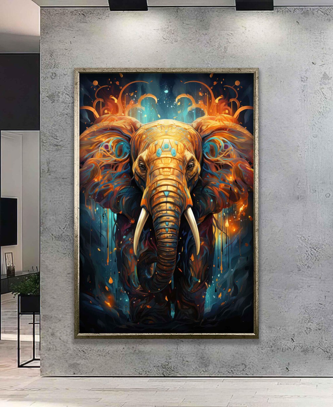 Golden Elephant Portrait Fiery Orange Teal Cosmic Abstract Animal Art Poster - Image 3