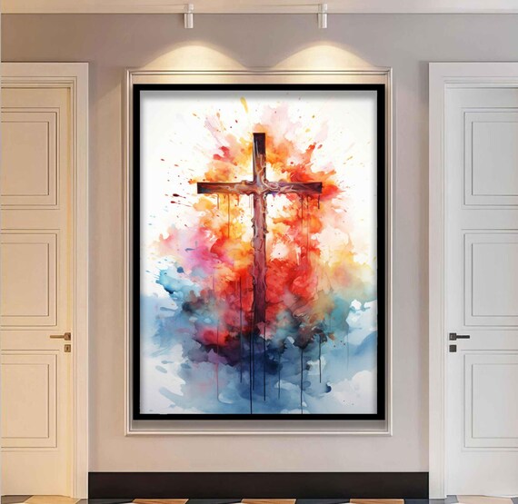 Christian Cross Watercolor Splash Vibrant Colorful Religious Wall Poster