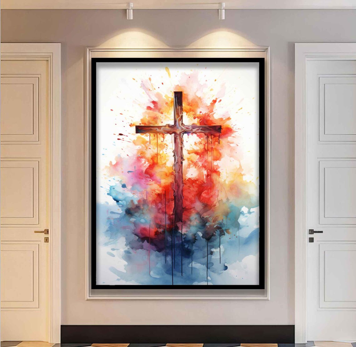 Christian Cross Watercolor Splash Vibrant Colorful Religious Wall Poster