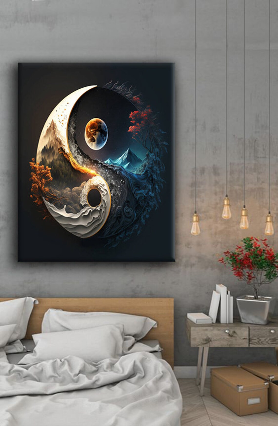 Yin Yang Mountain Moon Phases Waterfall Nature Balance Art Poster - Image 2