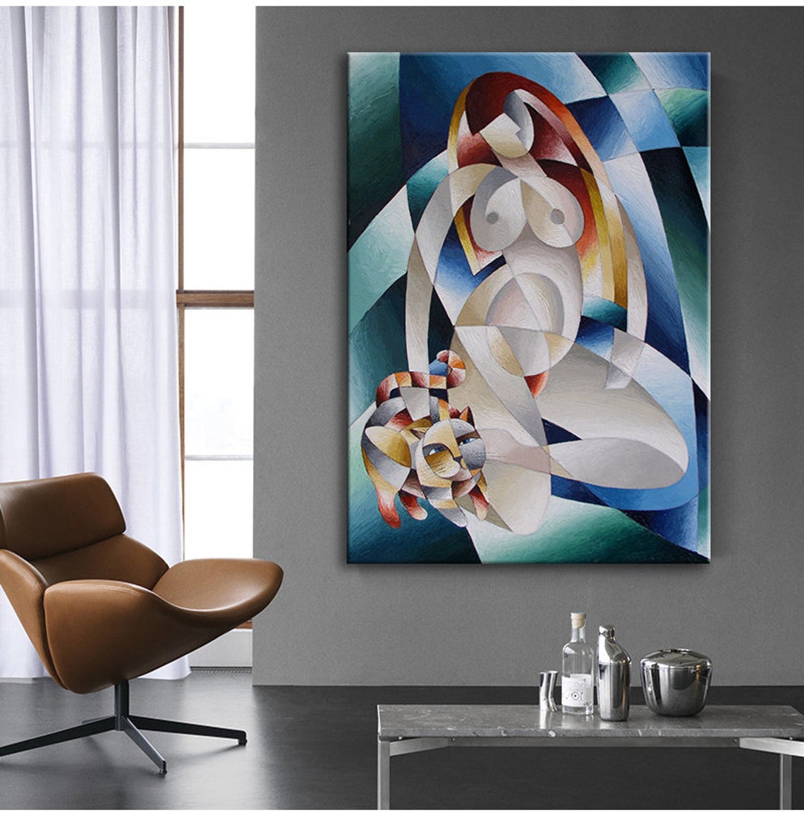 Cubist Nude Woman Cat Geometric Abstract Figure Art Wall Poster - Image 2