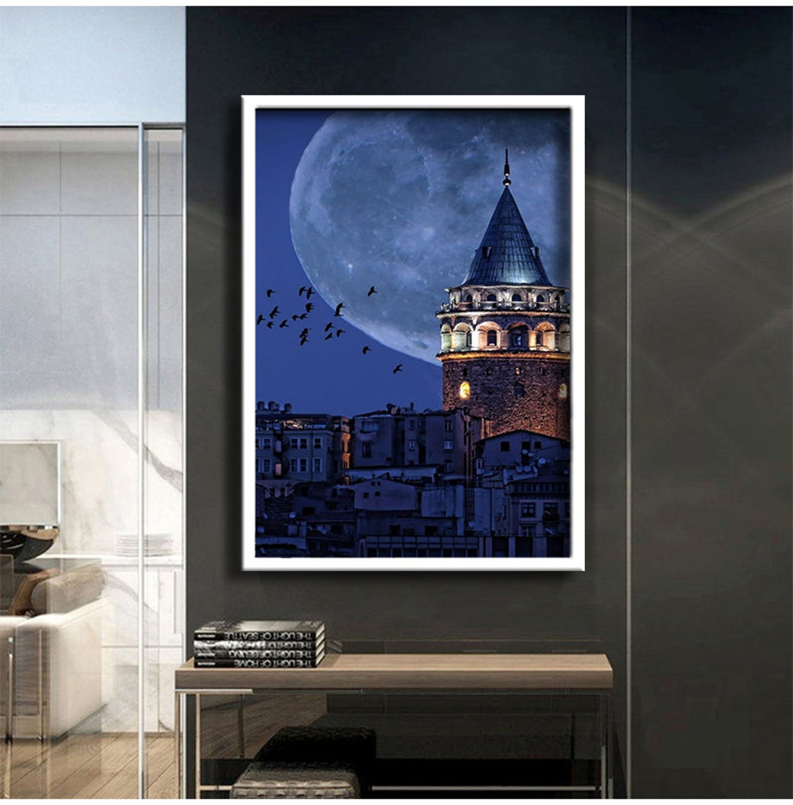 Istanbul Turkey Galata Tower Giant Full Moon Night Sky Poster - Image 2