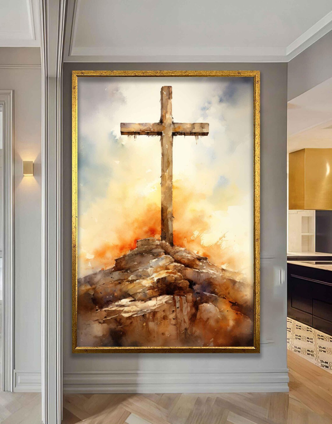 Wooden Cross on Rocky Hill Golden Sunset Watercolor Christian Poster - Image 4