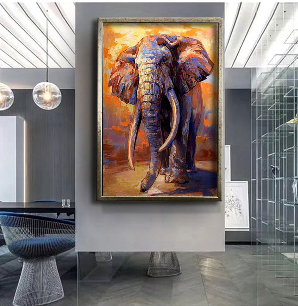 Colorful Elephant Oil Painting Sunset Savanna Wildlife Art Poster - Image 4