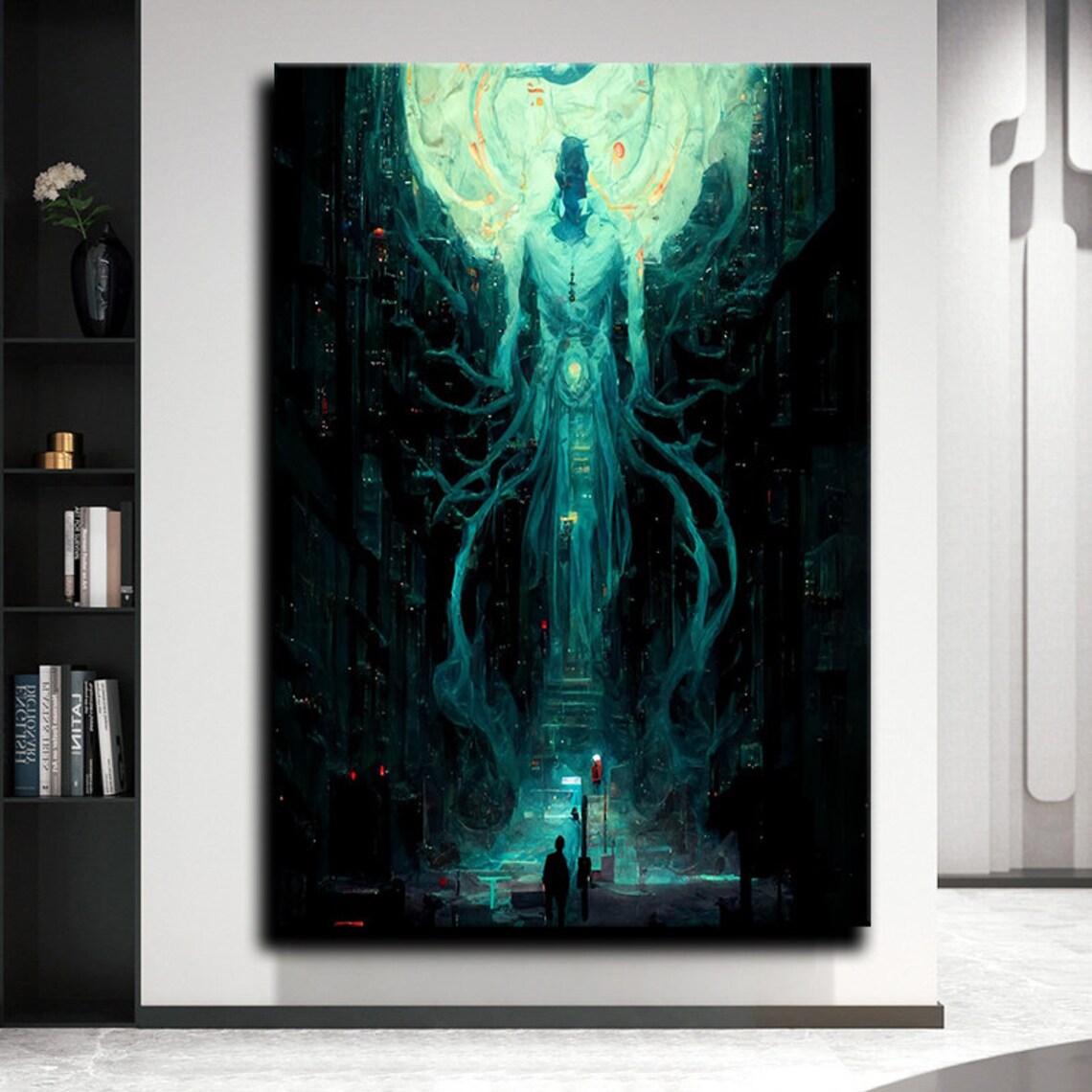 Giant Teal Ghost Spirit Over City Street Sci Fi Surreal Art Print - Image 4