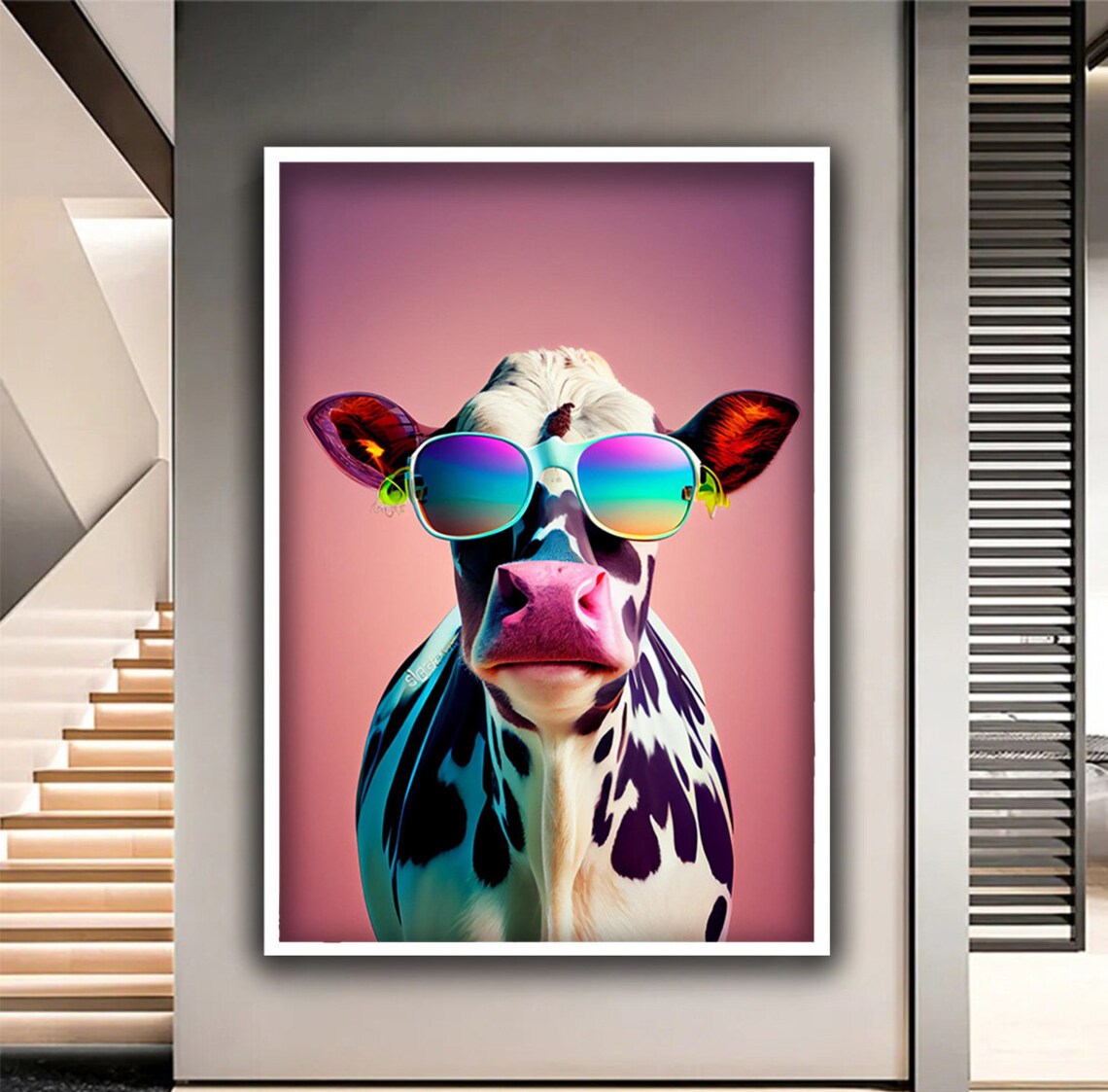 Funny Cow Wearing Rainbow Sunglasses Pop Art Pink Background Poster - Image 3
