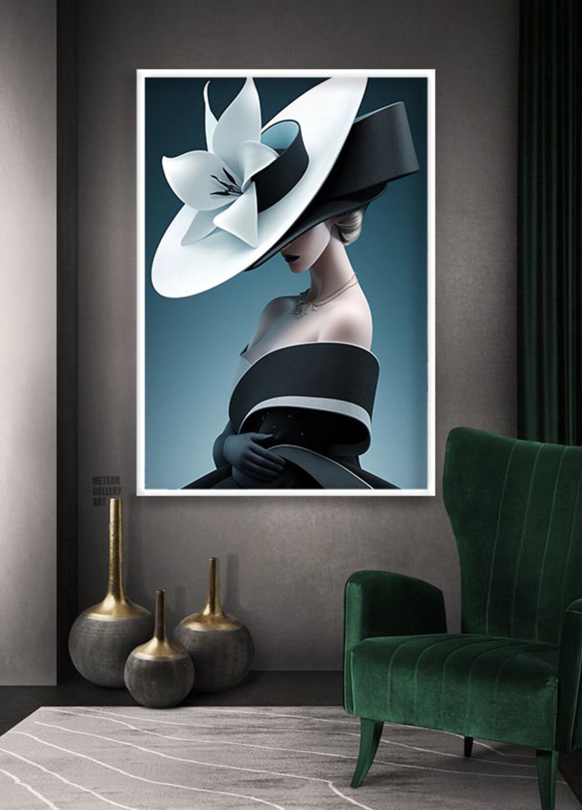Elegant Woman Wide Brim White Hat Black Dress Fashion Art Poster - Image 4