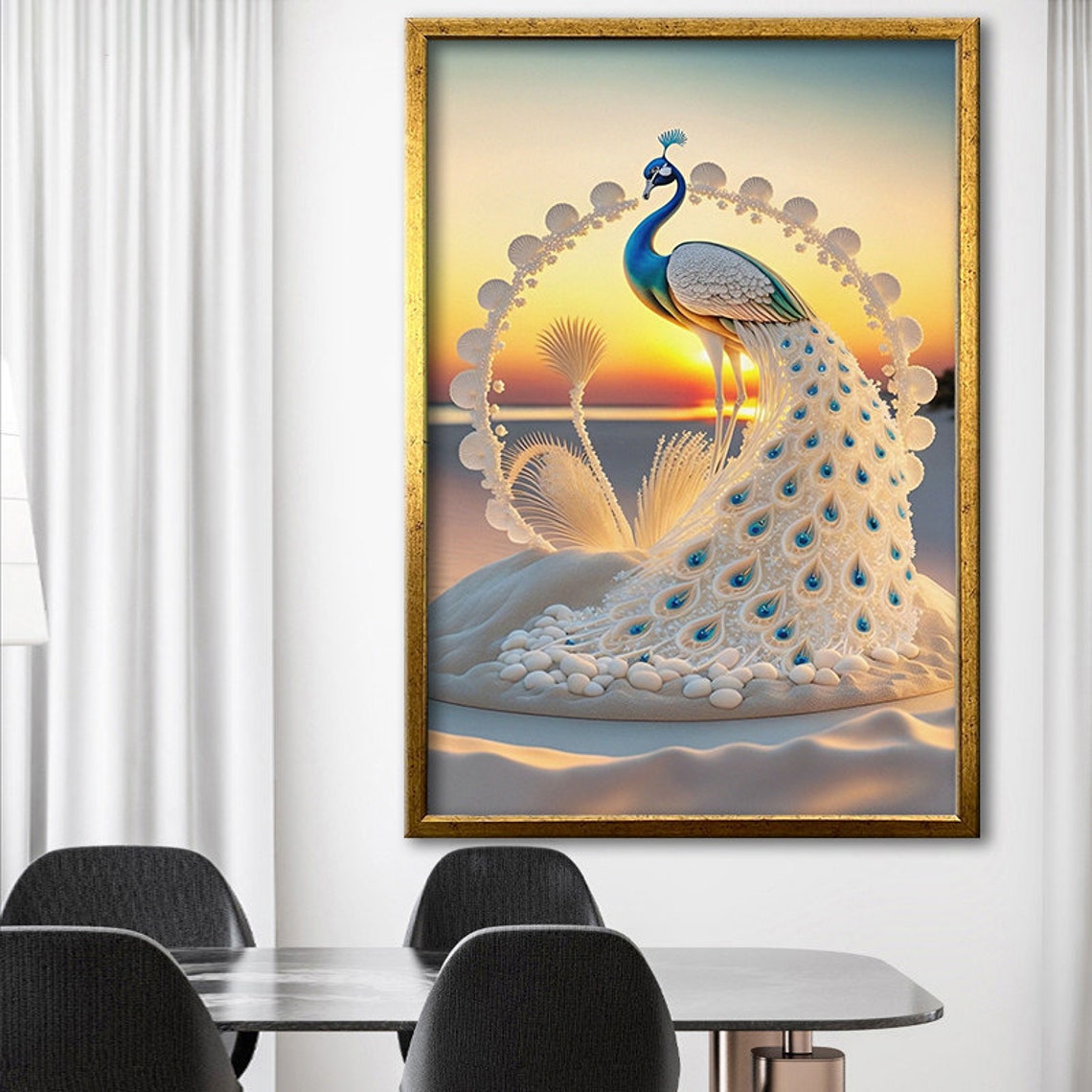 White Peacock Fan Tail Sunset Majestic Elegant Bird Art Poster - Image 3