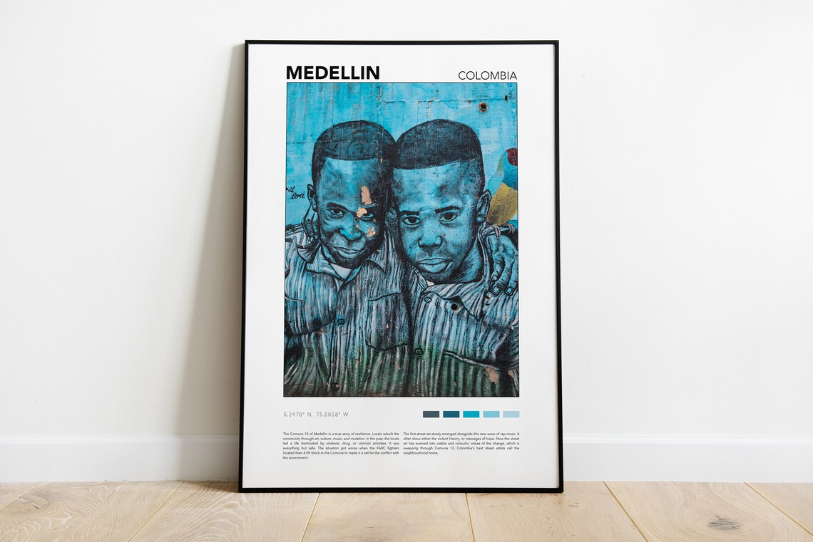 Medellin Colombia Comuna 13 Street Art Mural Blue Travel Print