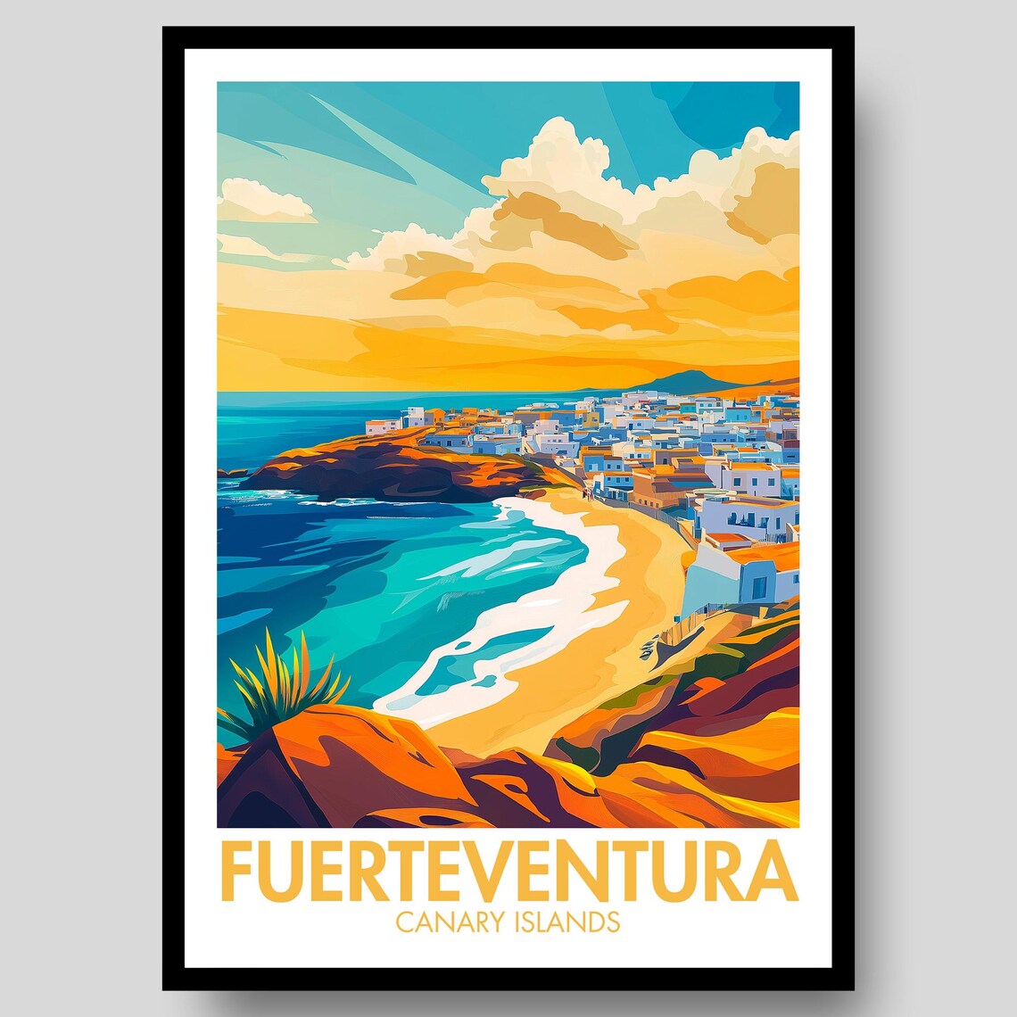 Fuerteventura Canary Islands Coastal Town Sunset Beach Travel Poster