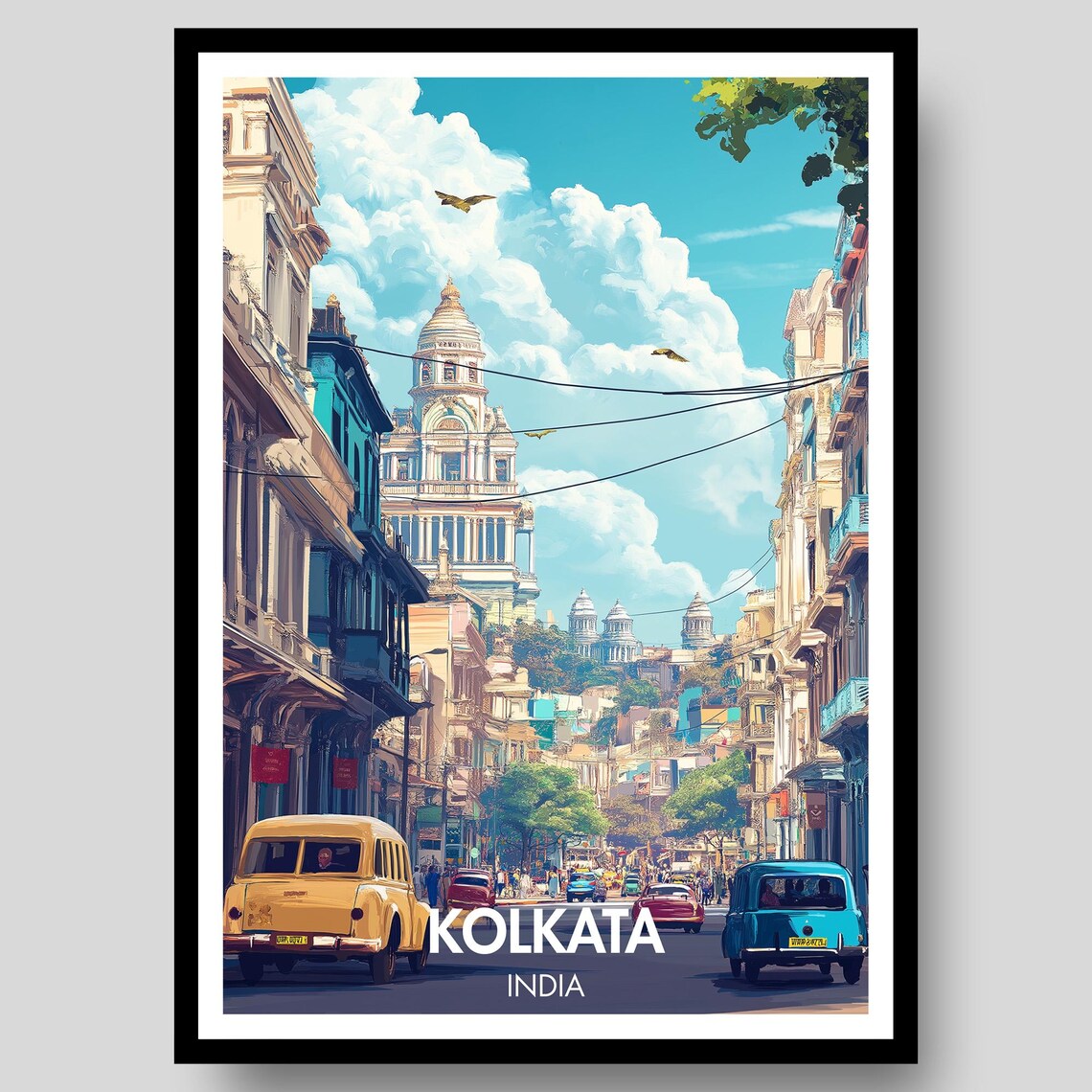 Kolkata India Historic Street Scene Vintage Taxi Travel Poster