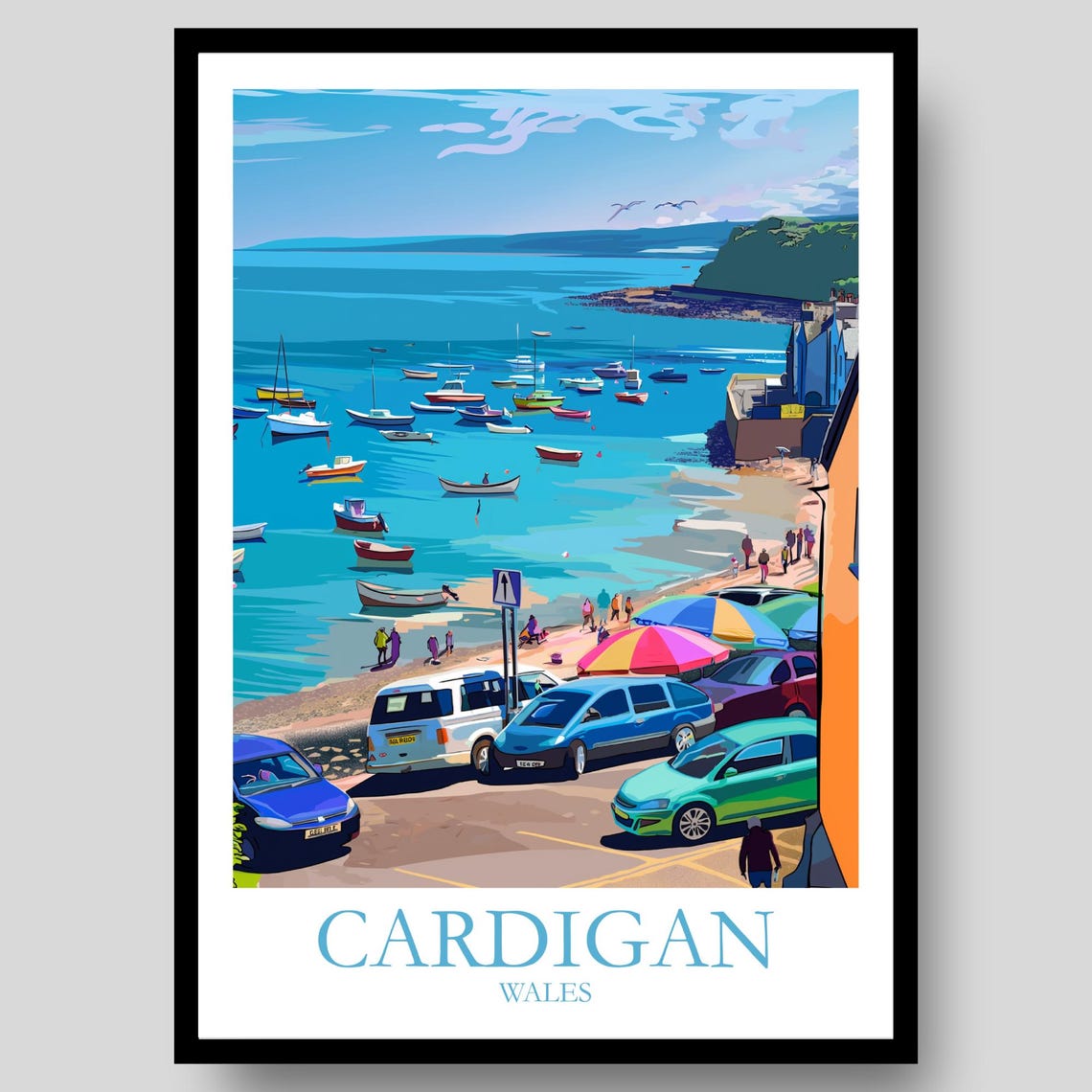 Cardigan Wales Sunny Beach Boats Seafront Umbrellas Art Poster