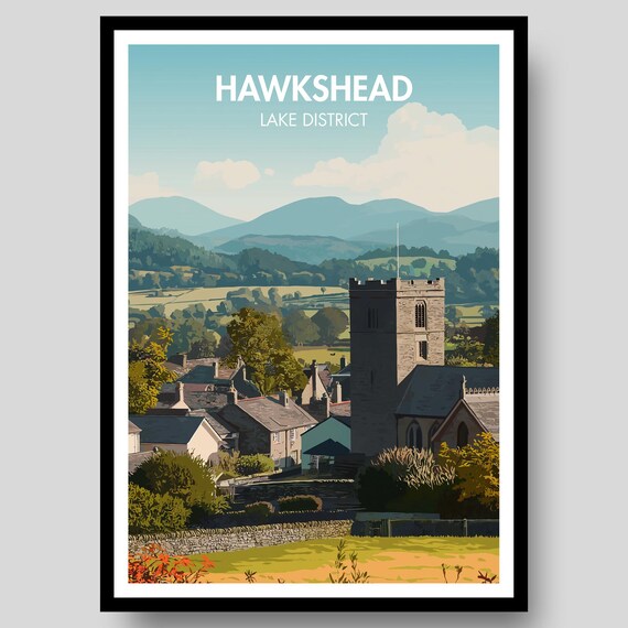 Hawkshead Lake District Vintage Travel Illustration Village Scene Poster