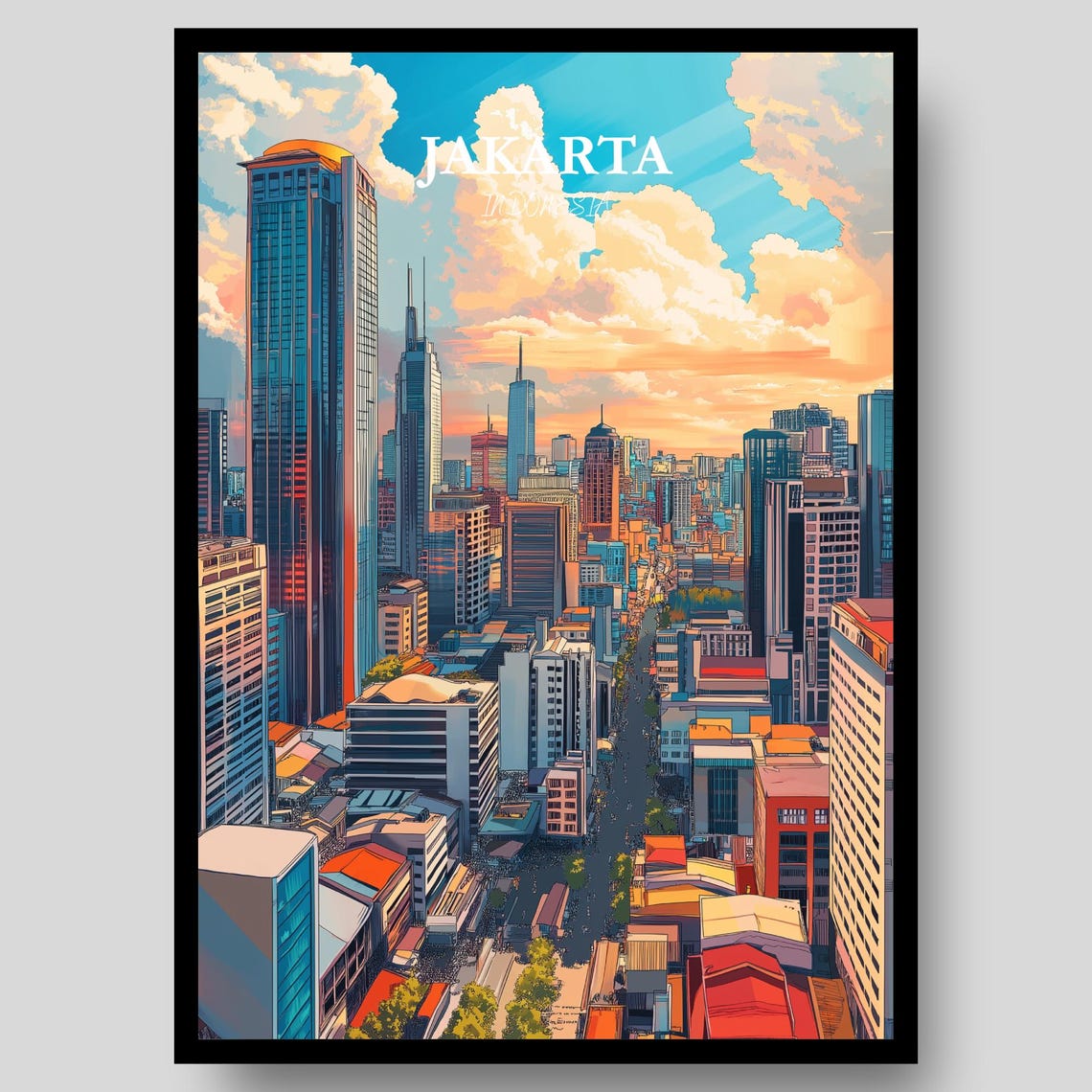 Jakarta Indonesia Skyline Skyscraper Sunset Cityscape Travel Poster