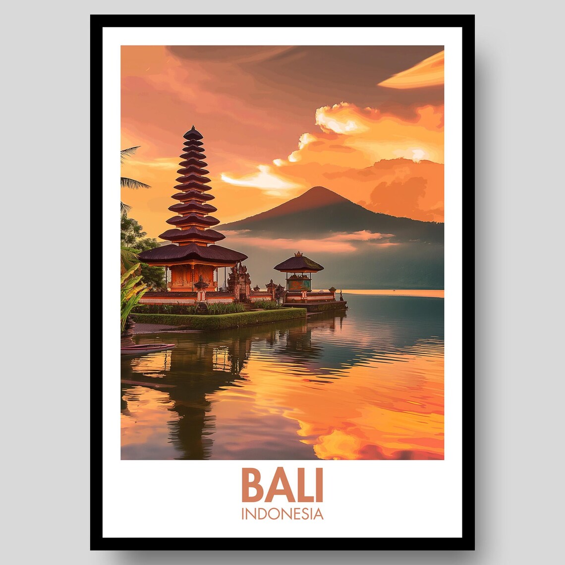 Bali Indonesia Sunset Lake Temple Reflection Golden Travel Poster