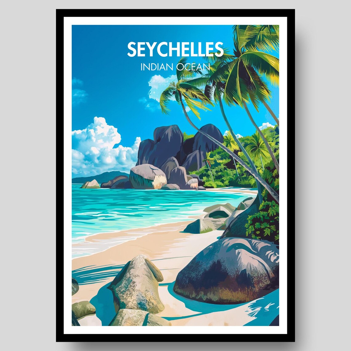 Seychelles Beach Poster Print, African Wall Gift