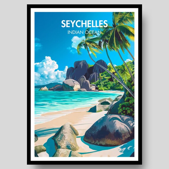 Seychelles Beach Poster Print, African Wall Gift