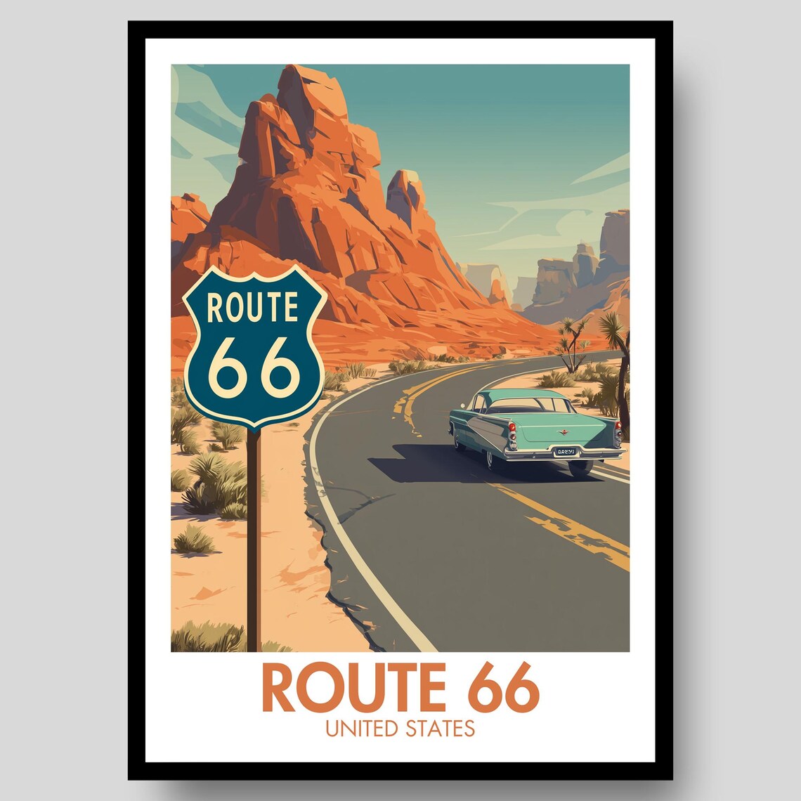 Route 66 United States Desert Canyon Classic Car Road Trip Poster