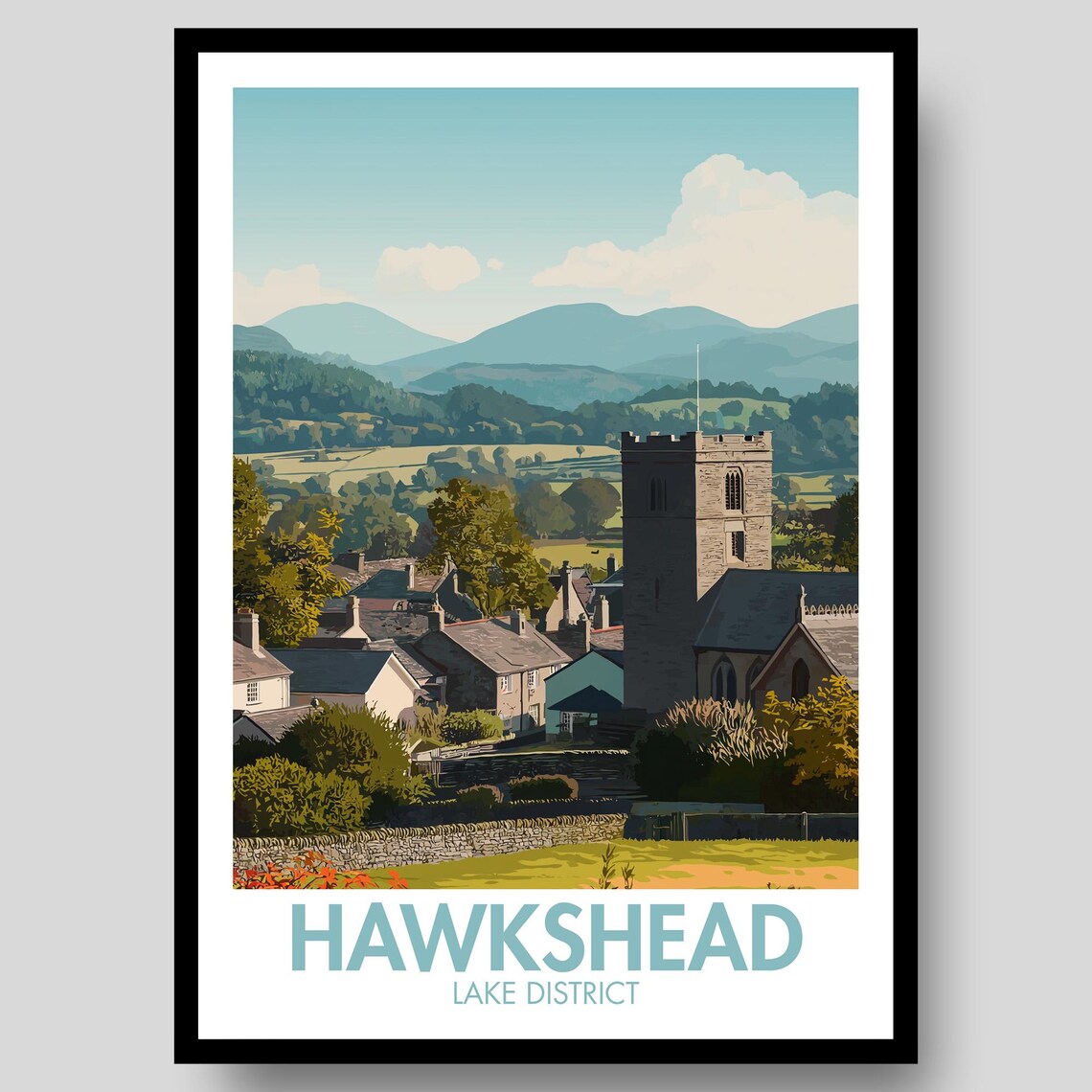 Hawkshead Poster, Lake District National Park Travel Map