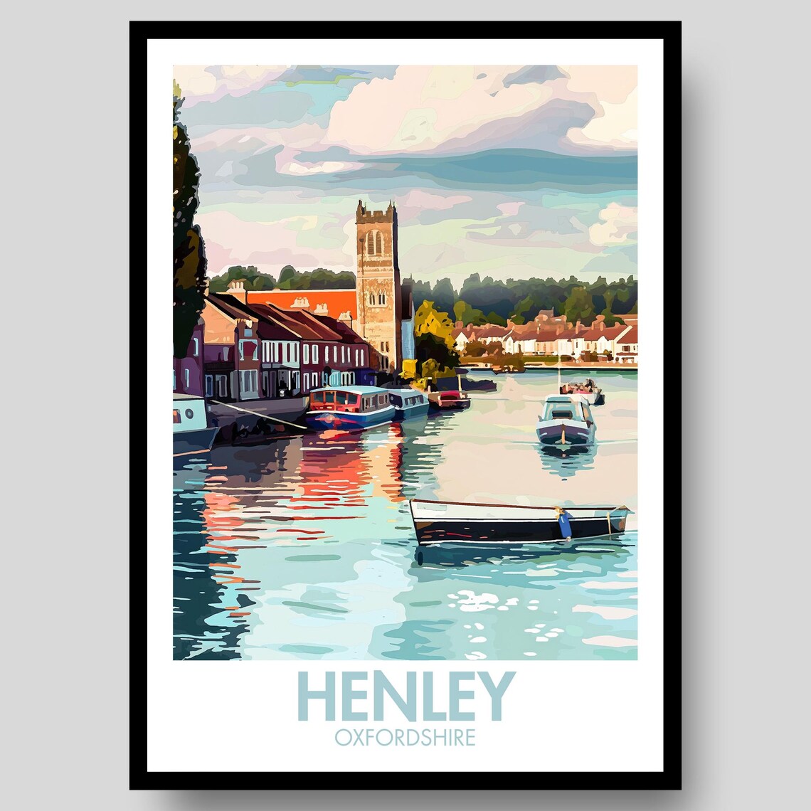 Henley Oxfordshire River Boats Church Tower Riverside Travel Poster
