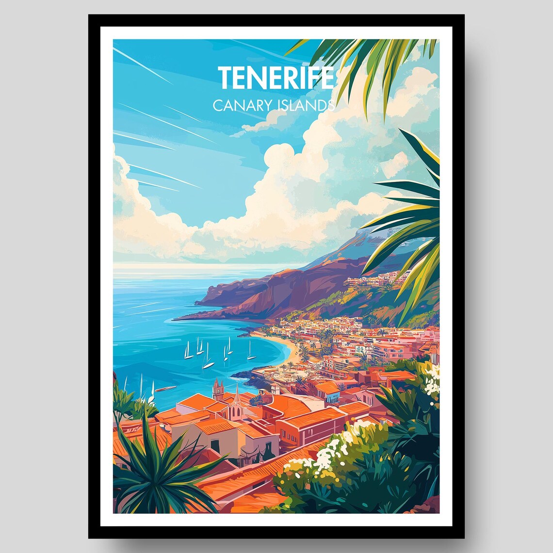 Tenerife Canary Islands Coastal Town Sailboats Palm View Travel Poster