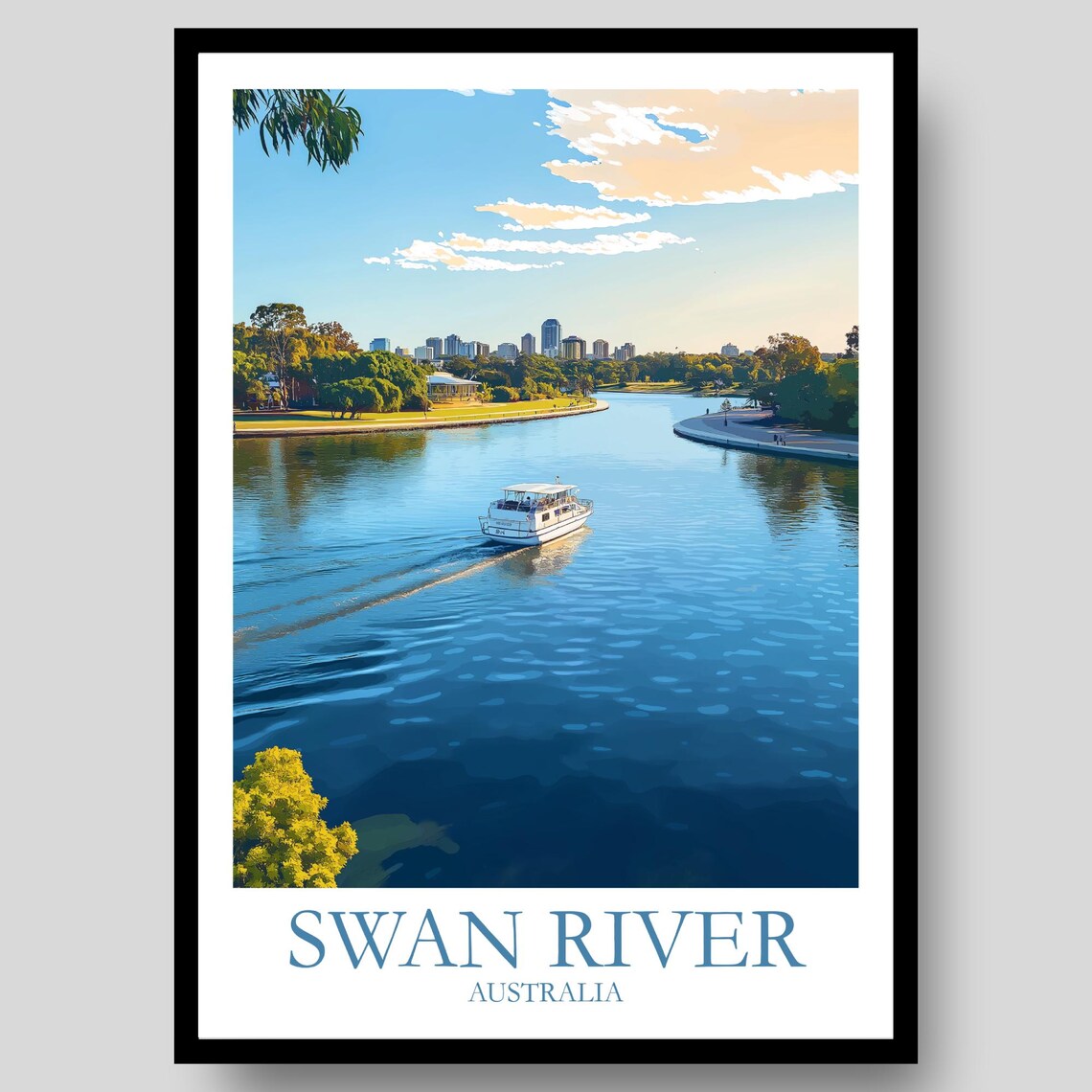 Swan River Perth Ferry City Skyline Blue Water Travel Poster