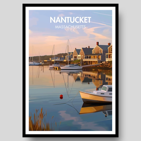 Nantucket Massachusetts Harbor Sailboats Sunset Travel Poster