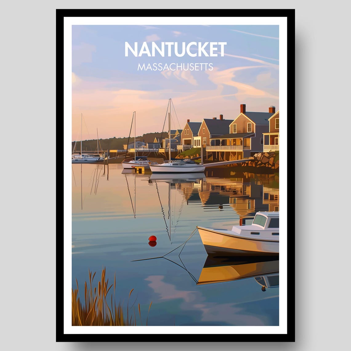 Nantucket Massachusetts Harbor Sailboats Sunset Travel Poster
