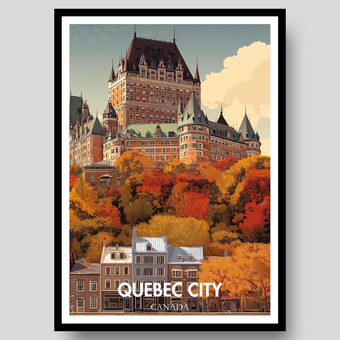 Quebec City Canada Historic Castle Hotel Fall Sunset Travel Poster