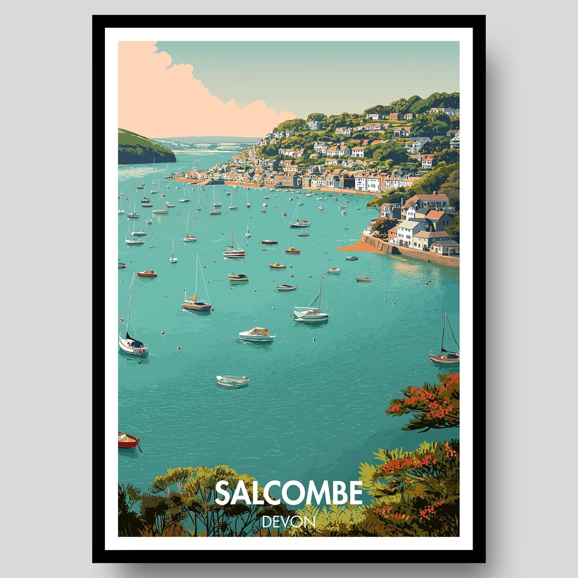 Salcombe Devon Harbour Boats Hillside Town Retro Travel Poster