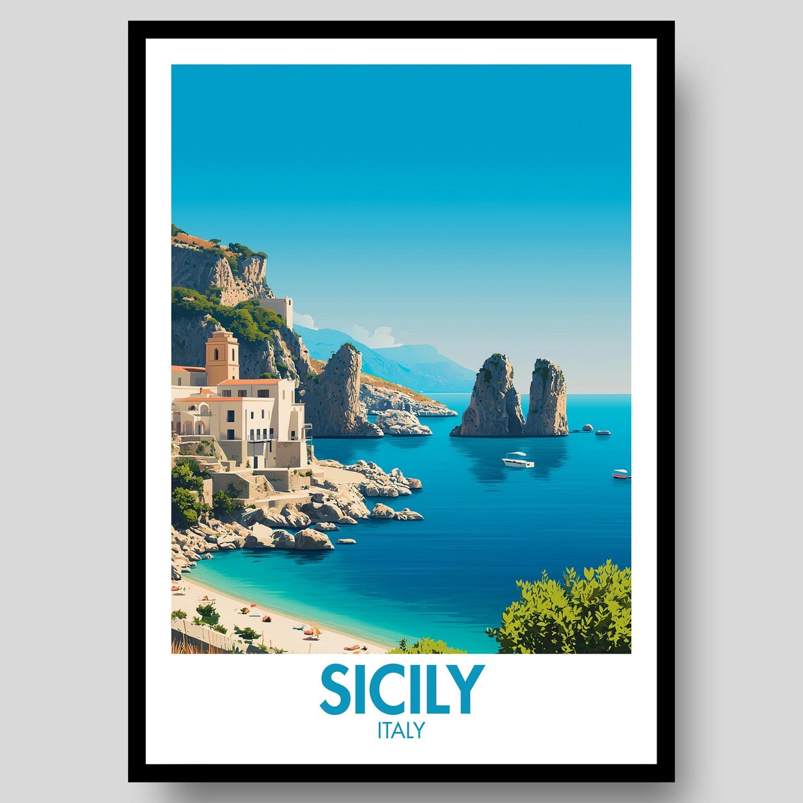 Sicily Italy Coastal Cliffs Vintage Travel Poster Mediterranean Beach Art