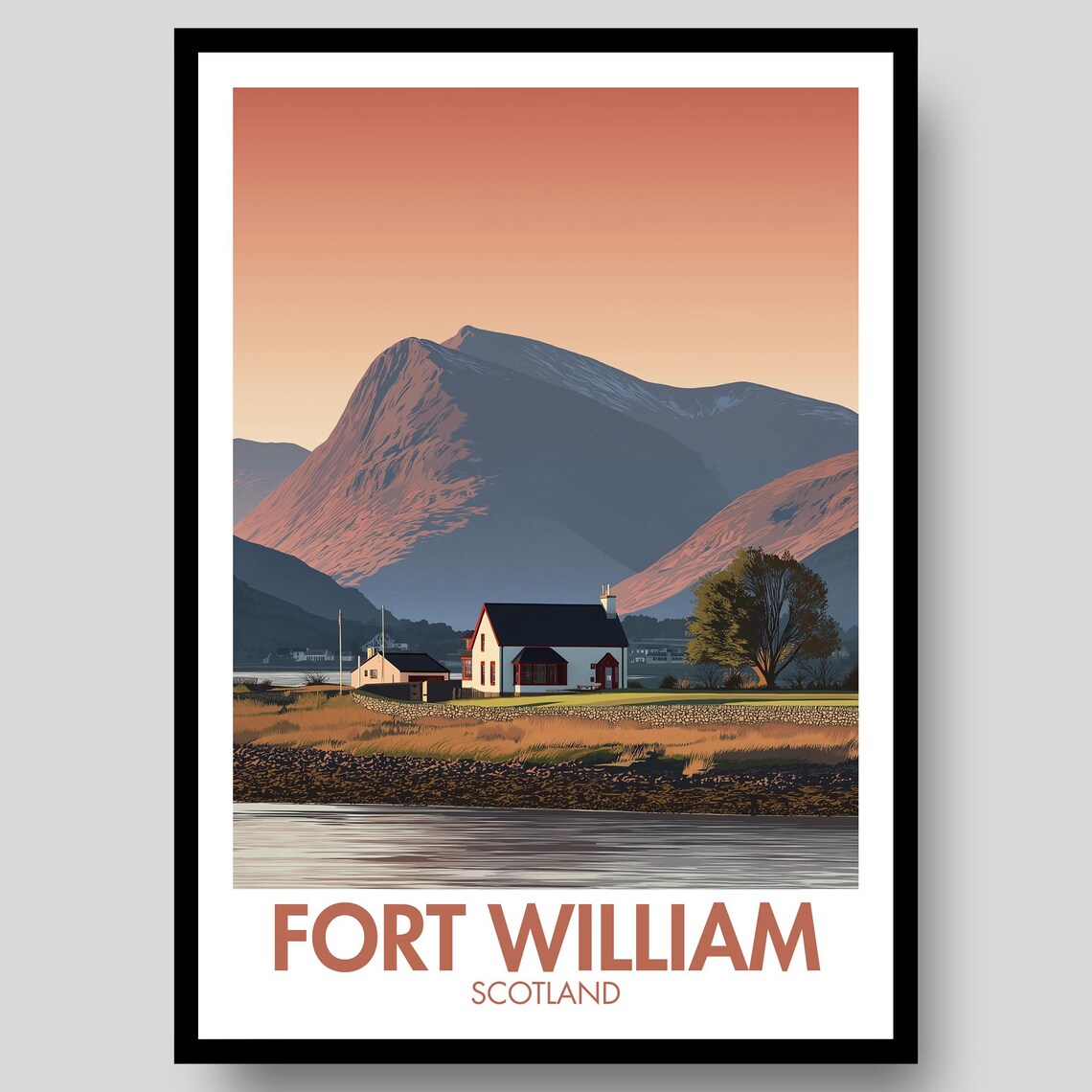 Fort William Scotland Ben Nevis Sunset Cottage Travel Poster