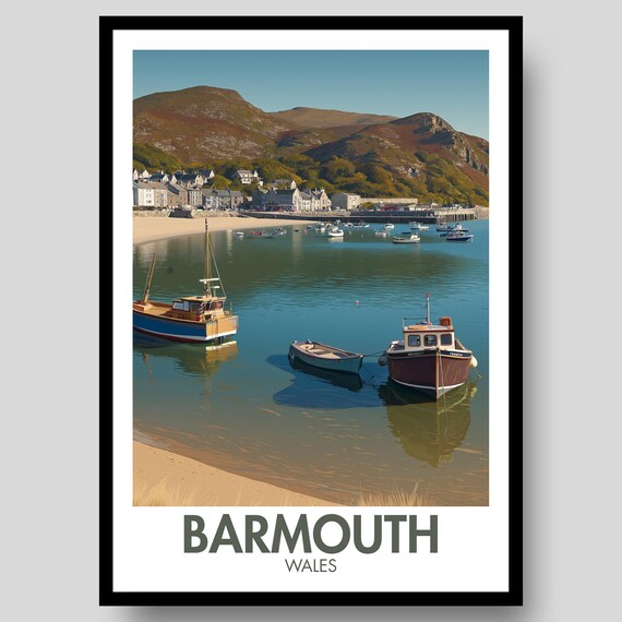 Barmouth Wales Harbor Fishing Boats Coastal Village Travel Poster