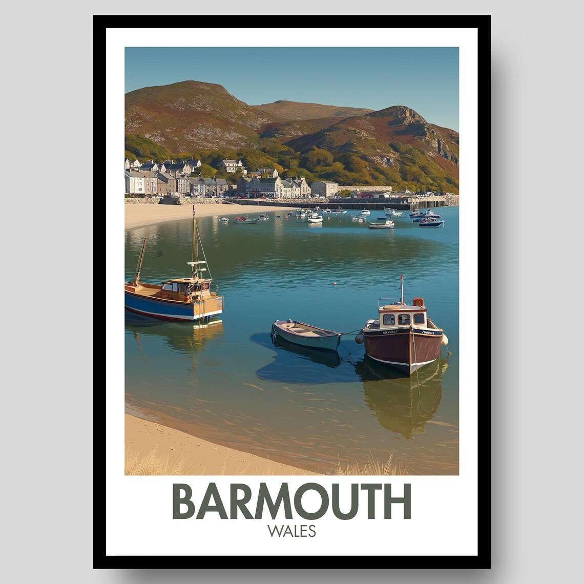 Barmouth Wales Harbor Fishing Boats Coastal Village Travel Poster