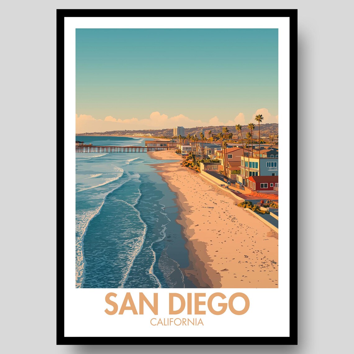 San Diego California Ocean Pier Golden Beach Waves Travel Poster