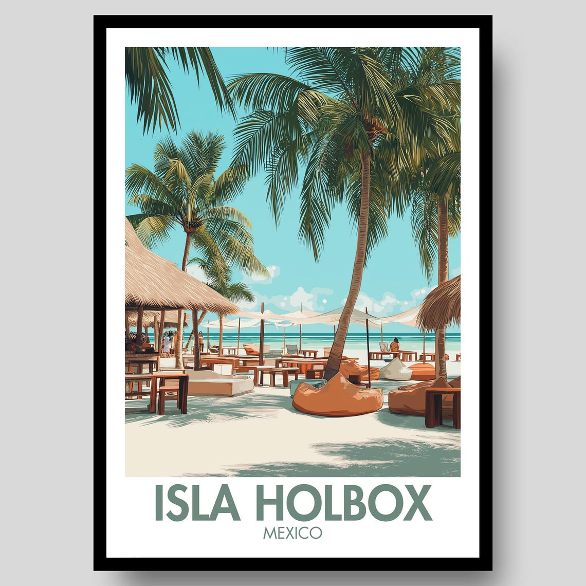 Isla Holbox Mexico Beach Club Palm Trees Retro Travel Art Poster