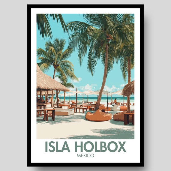 Isla Holbox Mexico Beach Club Palm Trees Retro Travel Art Poster