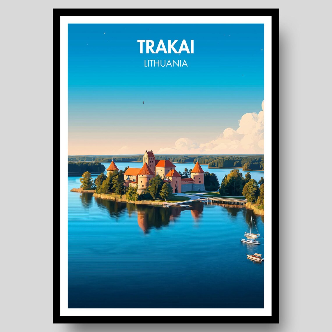 Trakai Lithuania Lake Castle Sailboats Vintage Travel Poster