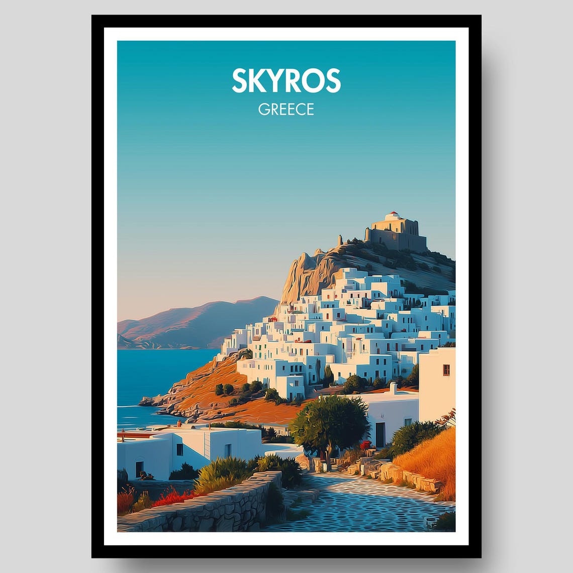 Skyros Greece Village Hilltop Cobblestone Path Travel Poster