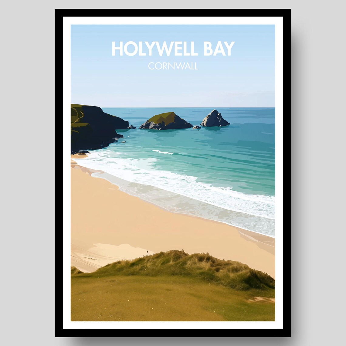 Holywell Bay Cornwall Sandy Beach Turquoise Waves Travel Illustration Poster