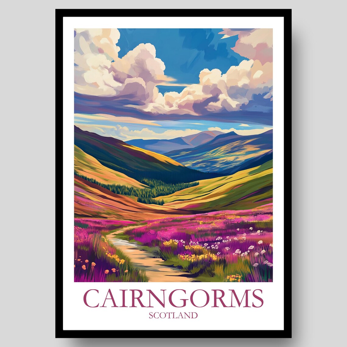 Cairngorms Scotland Heather Meadow Mountain Valley Scenic Travel Poster