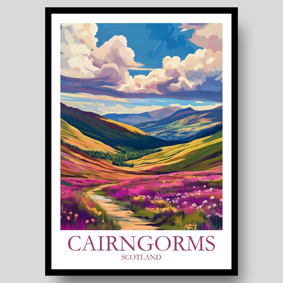 Cairngorms Scotland Heather Meadow Mountain Valley Scenic Travel Poster