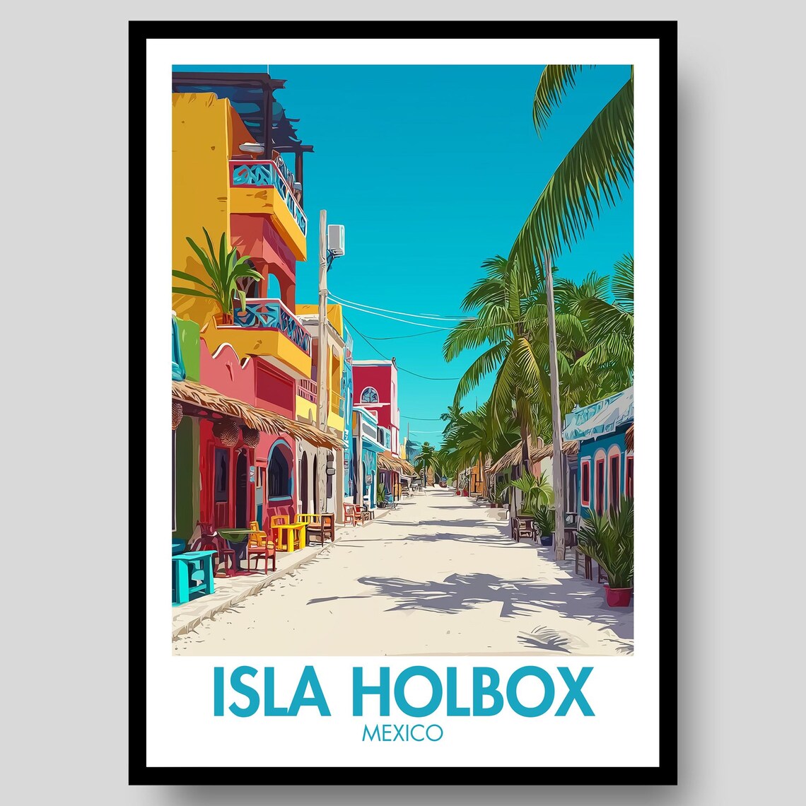 Isla Holbox Mexico Tropical Street Scene Retro Travel Poster Art