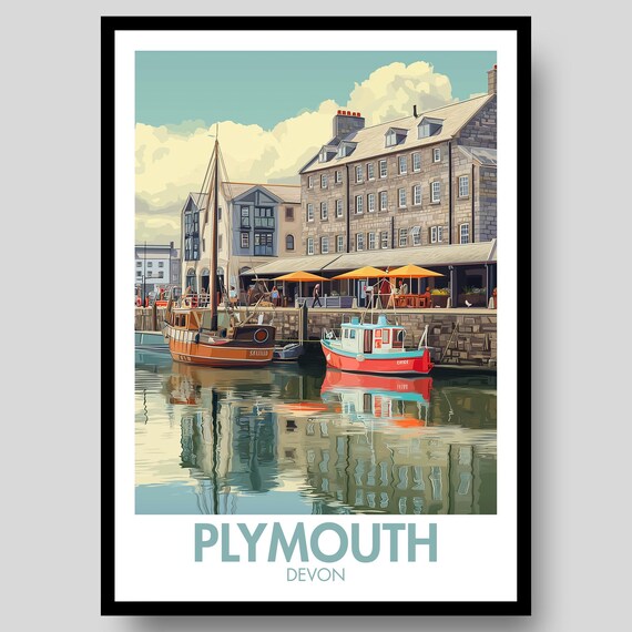 Plymouth Devon Waterfront Boats Vintage Harbor Reflection Travel Poster