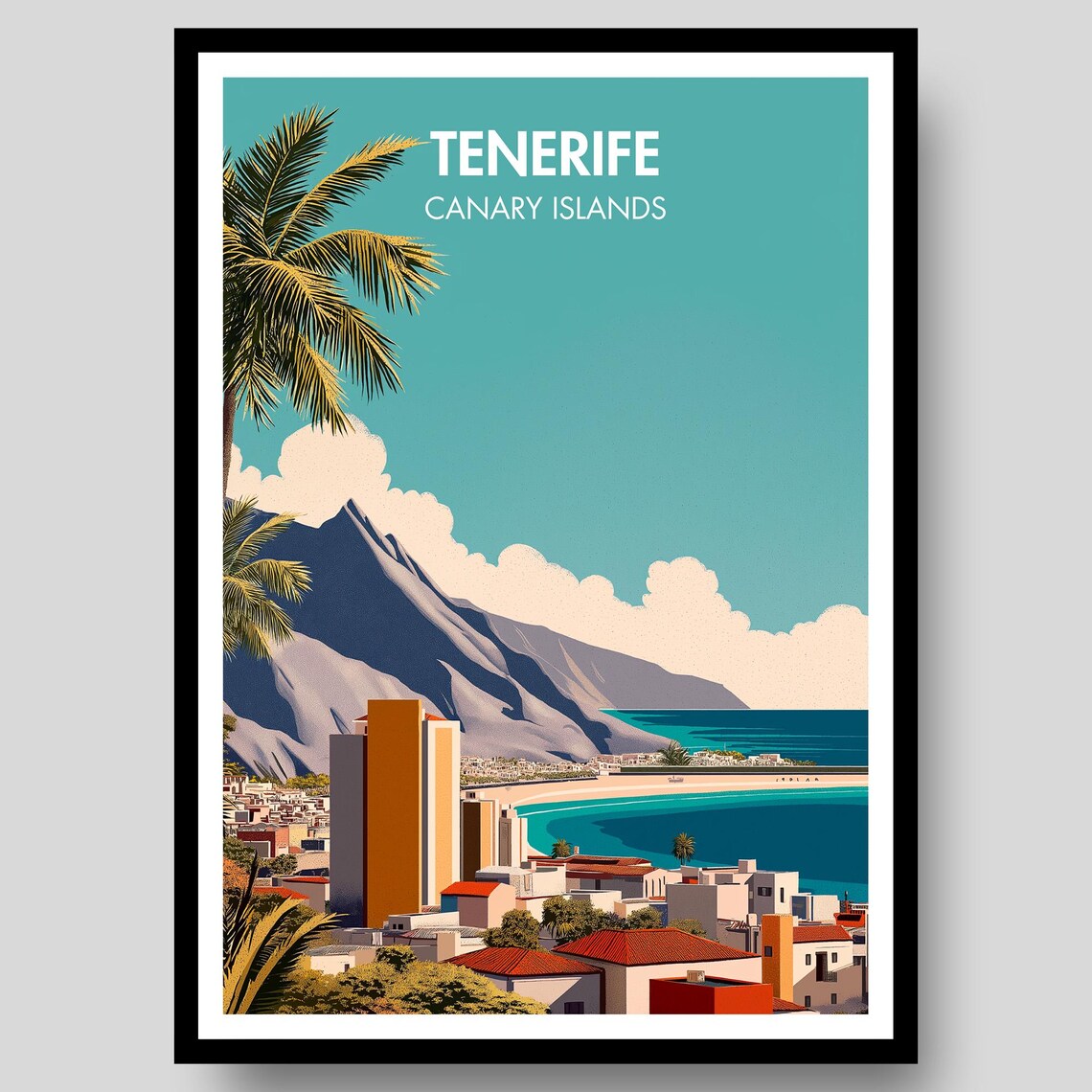 Tenerife Canary Islands Palm Tree Mountain Beach Town Scene Poster