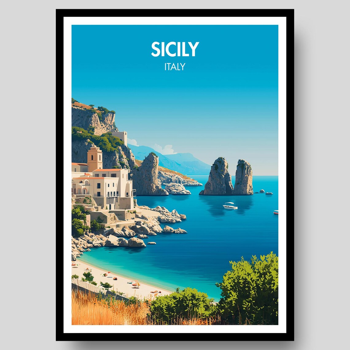 Sicily Italy Rocky Coastline Vintage Travel Poster Blue Sea Design