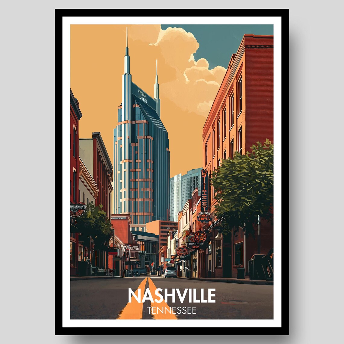Nashville Tennessee Twin Spire Tower Street Sunset Travel Poster