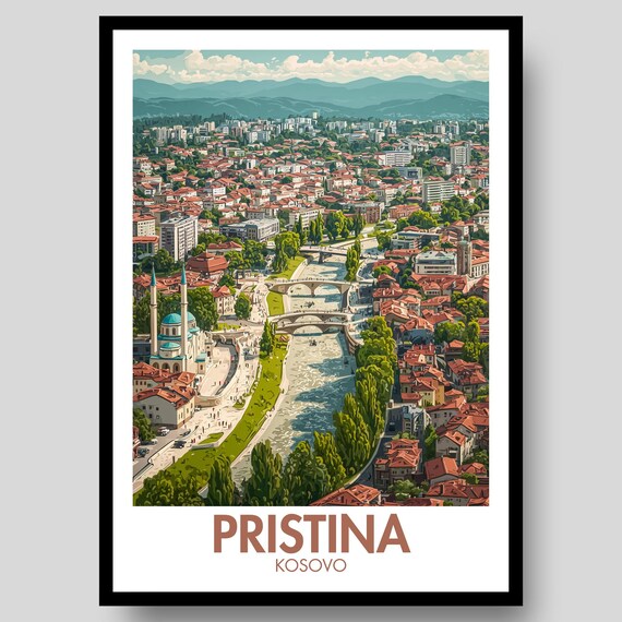 Pristina Kosovo River Cityscape Retro Travel Illustration Poster