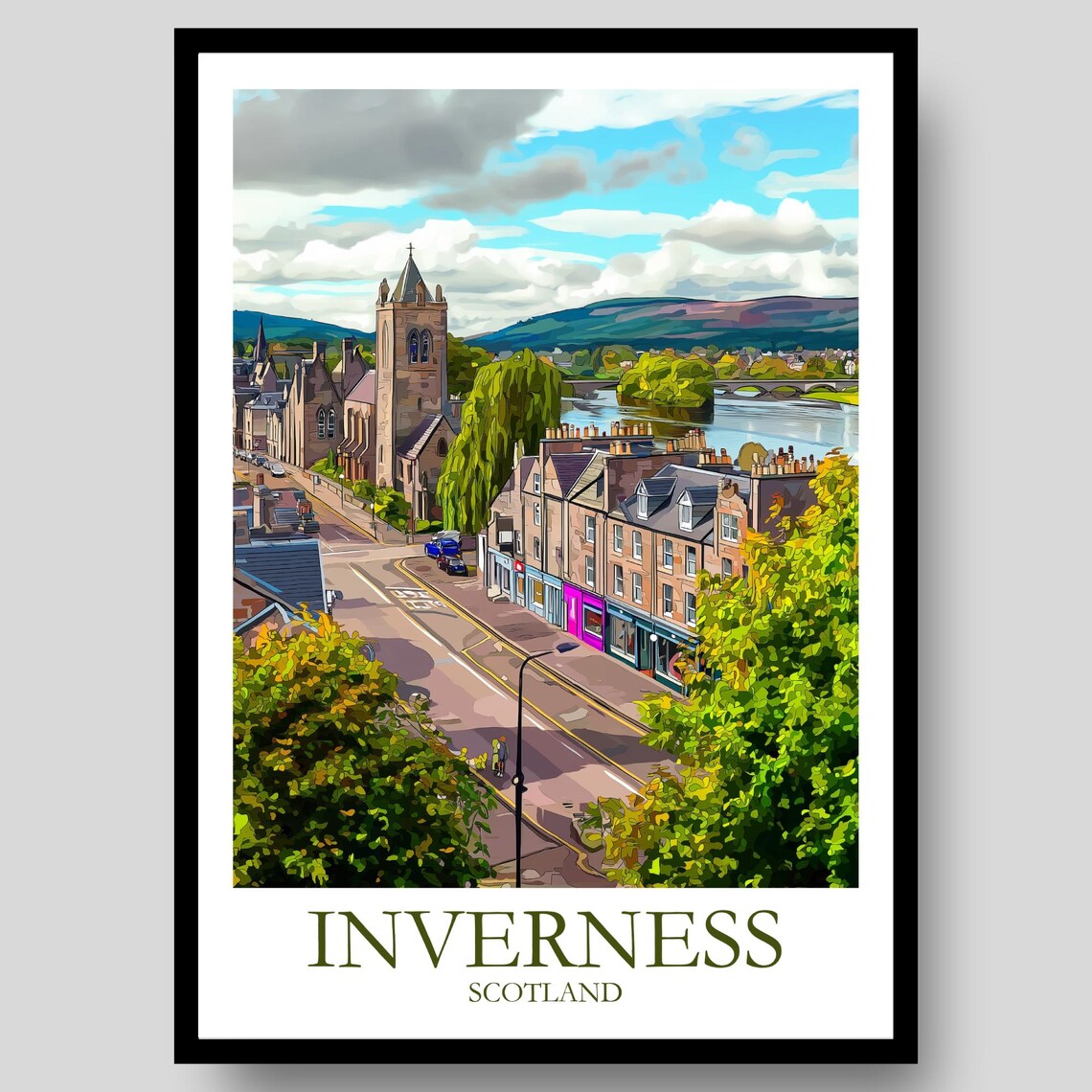 Inverness Scotland Riverside Church Tower City View Travel Poster
