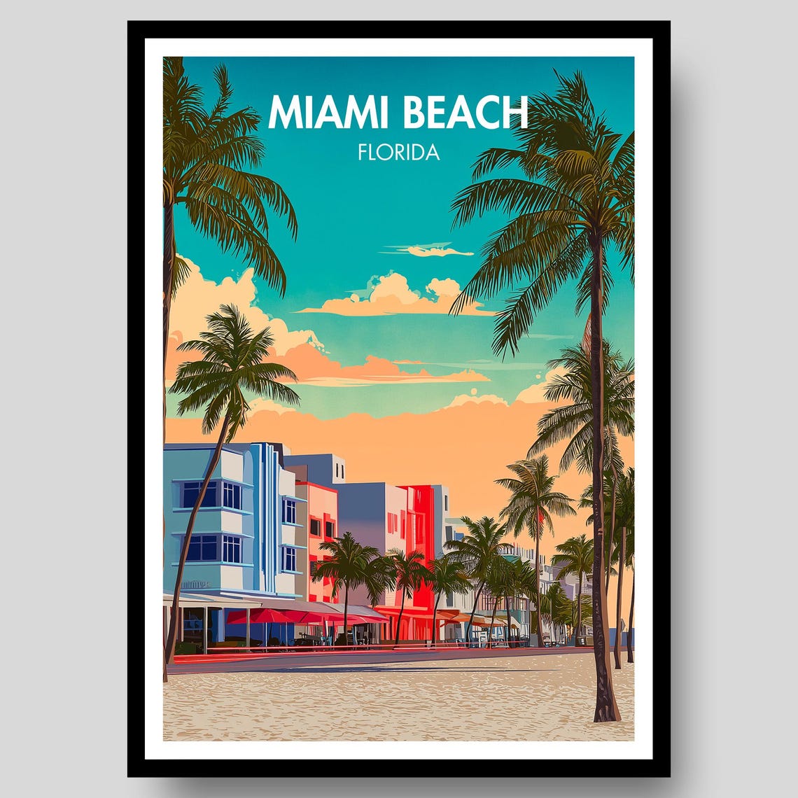 Miami Beach Florida Ocean Drive Art Deco Palms Evening Poster